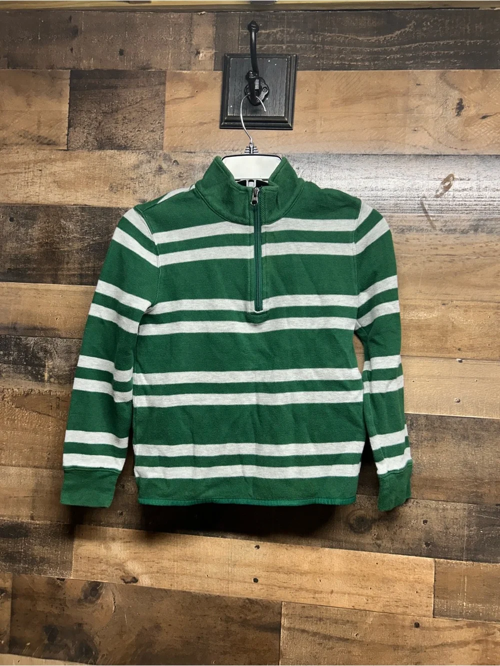 GAP Men's Green and White Striped Quarter-Zip Sweater